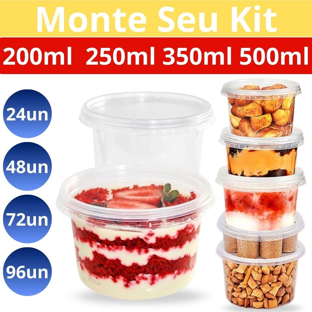 Kit Pote Plástico Redondo Descartável c/Tampa 200/250/350/500ml 24Un P/Bolo de Pote Açaí Marmita Freezer Microondas