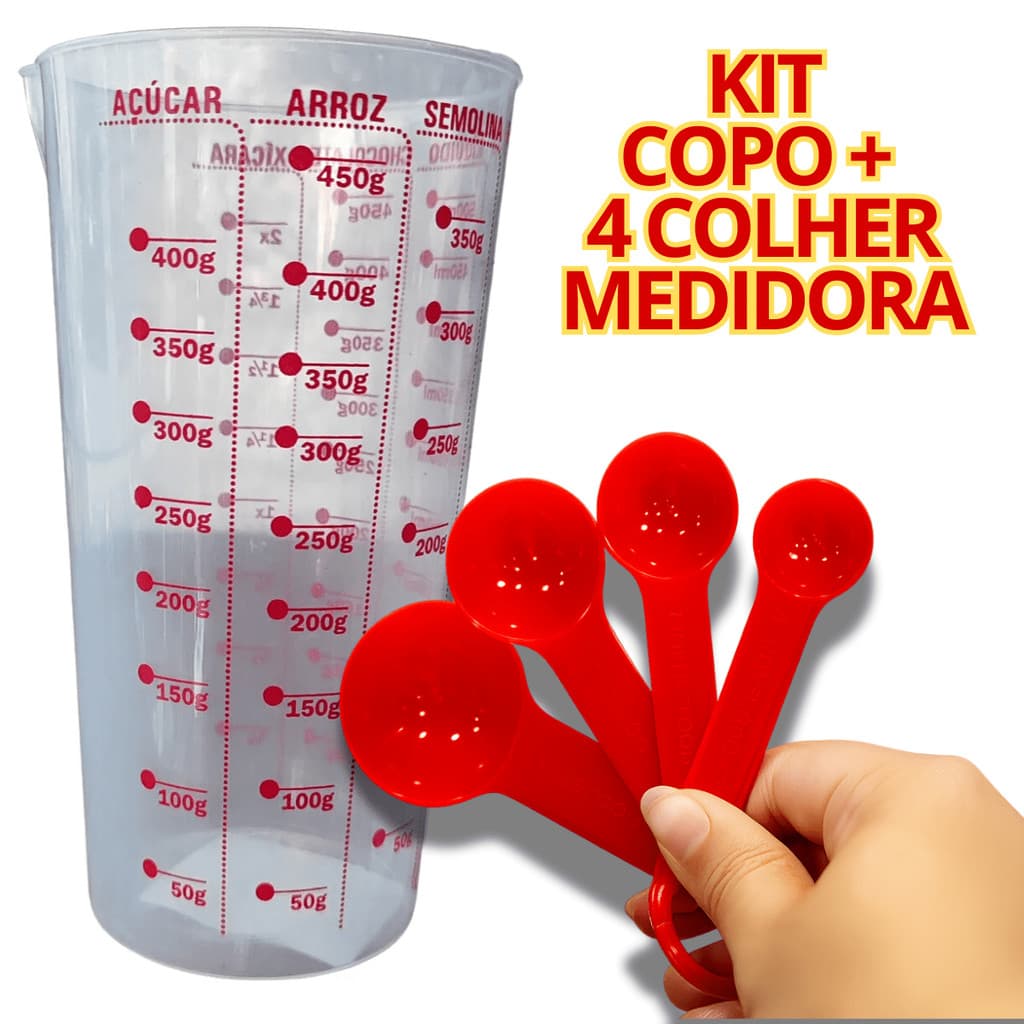 Kit Conjunto Cozinha Copo Medidor 500ml Graduado com Jogo de Colheres Medidoras Cor Vermelho