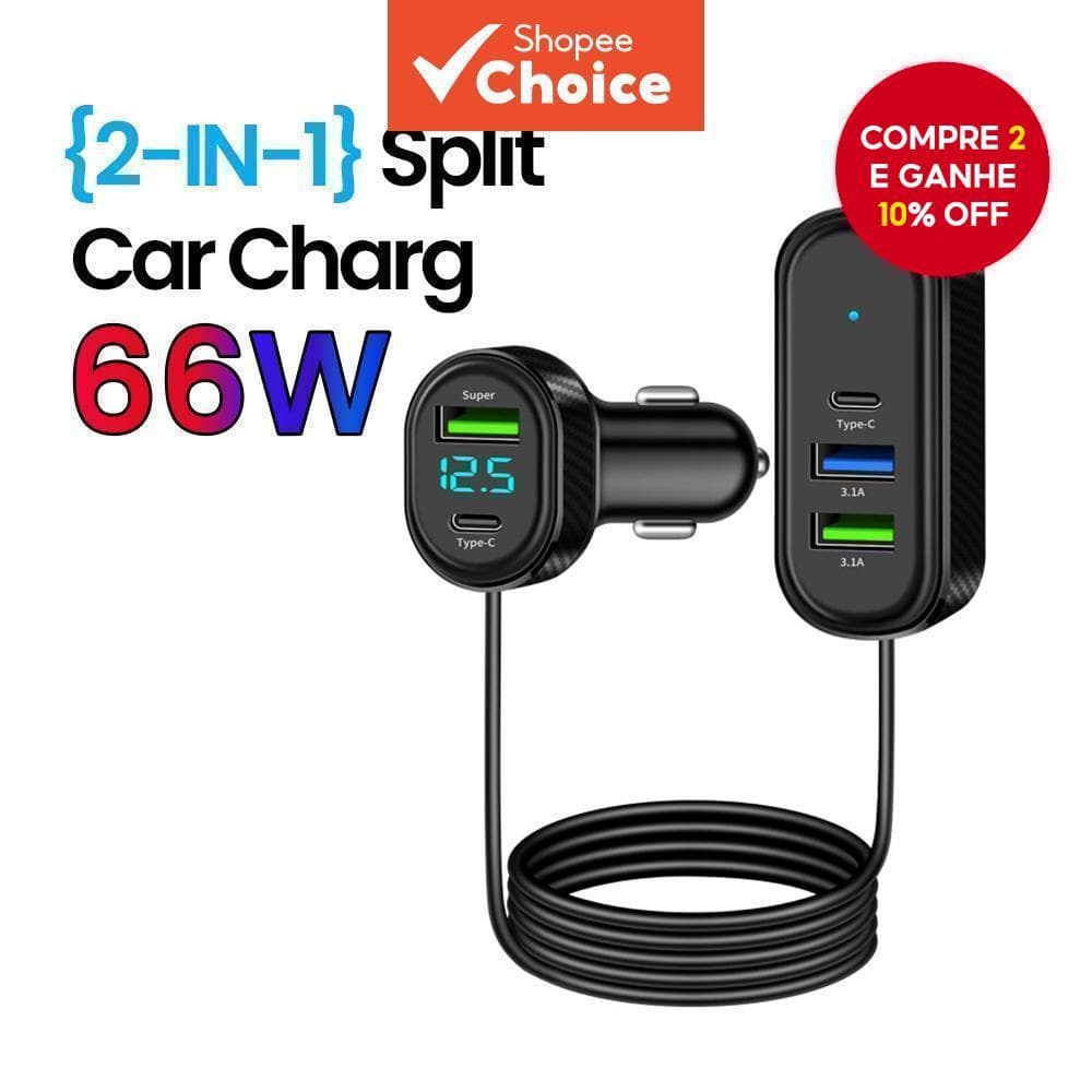 O Carregador De Carro Com Carregamento super Rápido Vem Um Cabo De Expansão De 1.5 Metros , Portas 3USB + 2PD E É Adequa