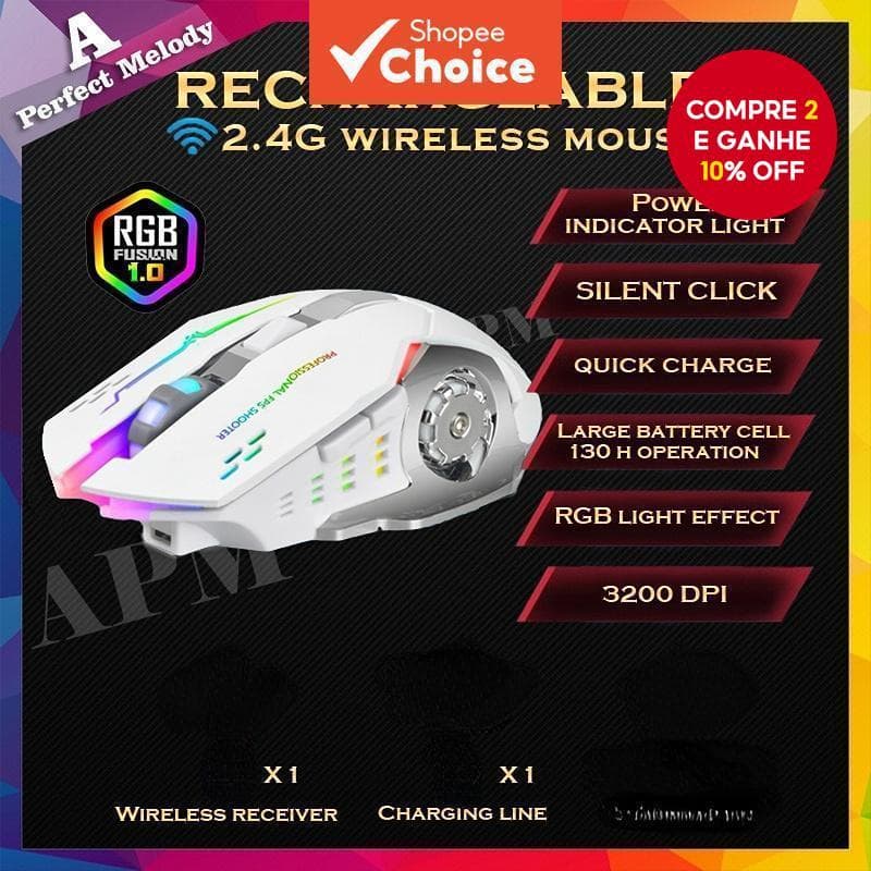  Mouse sem fio com carregamento por indução, silencioso para jogos, mecânico RGB para laptop, PC, escritório, estudo