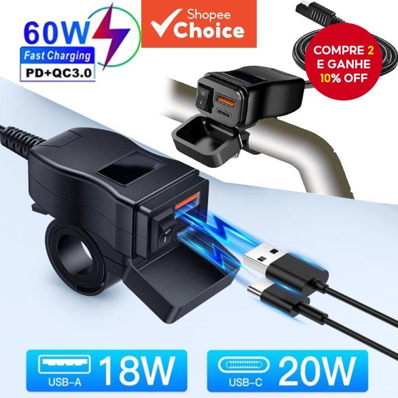 PD QC3.0 Motocicleta USB Carregador Rápido Guiador Tomada Dupla À Prova D'água 12V Adaptador De Fonte De Alimentação Com