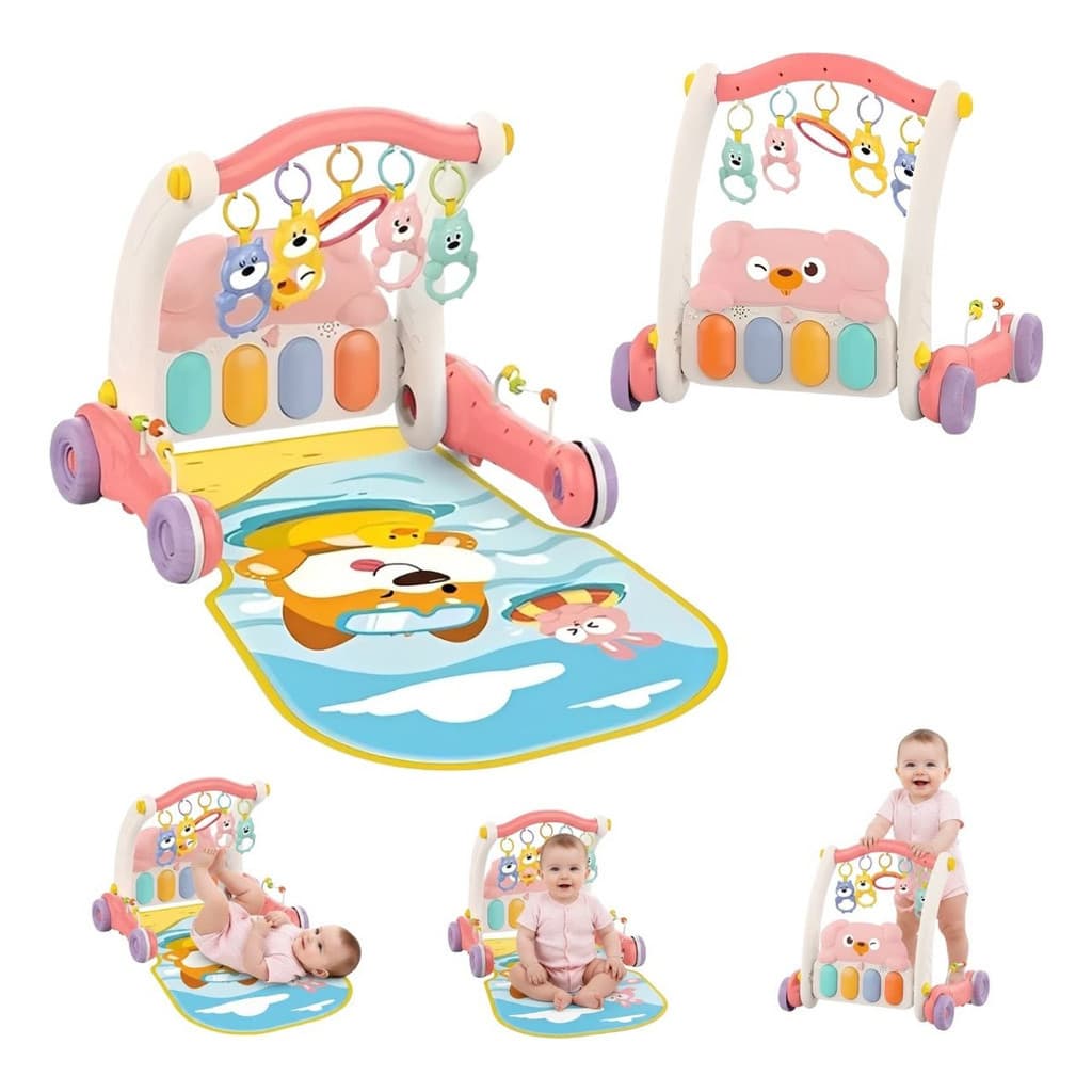 Andador Empurrador Infantil 2 em 1 Tapete Piano Musical Rosa Estimula Primeiros Passos Som e Móbile Certificado Inmetro