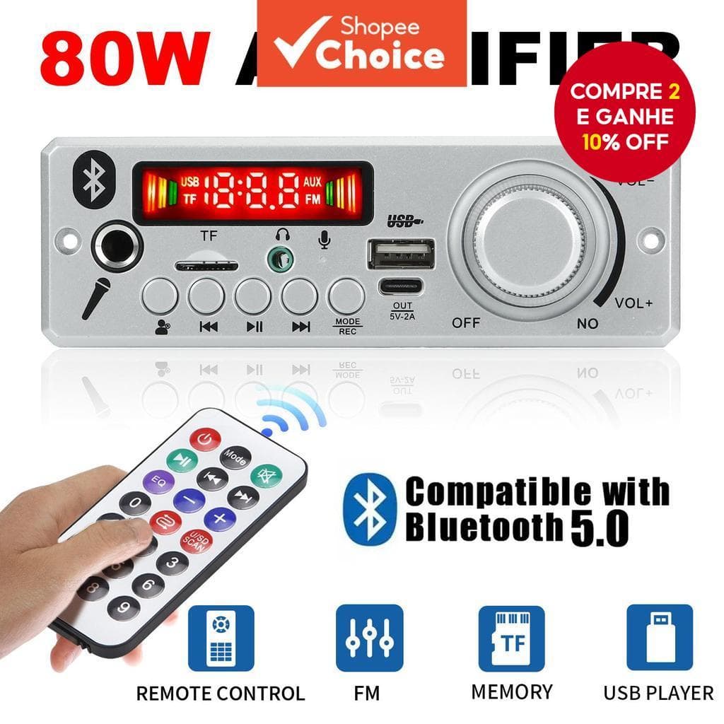 40W 80W Amplificador DIY Placa De Módulo MP3 6.5mm Microfone 12V Carro MP3 Player Bluetooth 5.0 Rádio FM TF AUX USB Grav