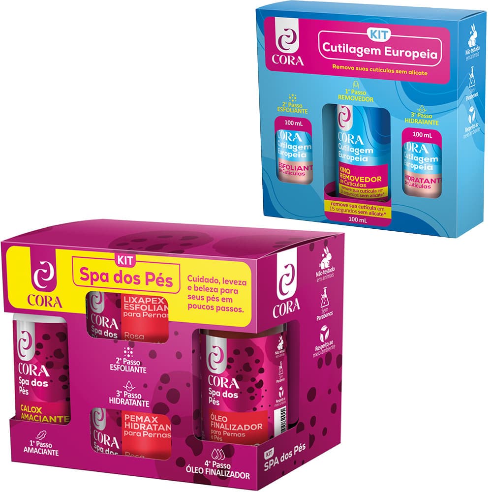 Kit Cutilagem Europeia Cora Gel, Cravo e Karité + Kit Spa dos Pés Cora Rosa Mosqueta