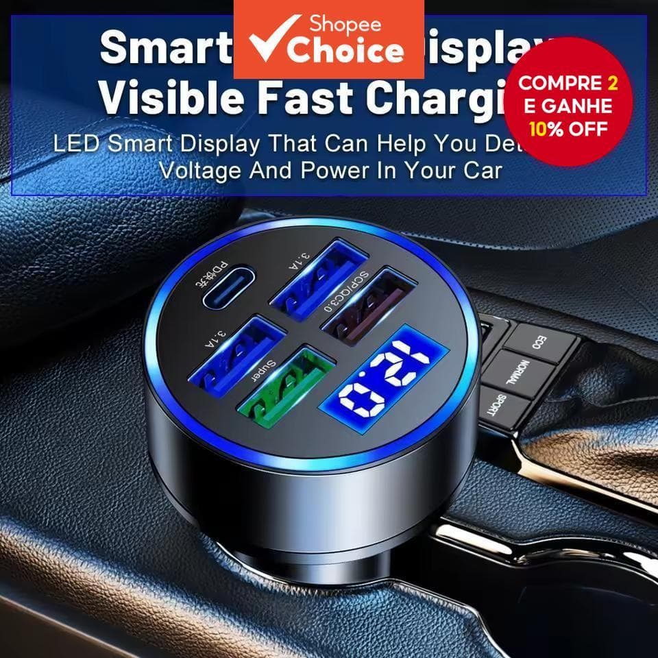 Carregador Veicular de 5 Portas com Quick Charge Pd Qc3.0 Adaptador Usb Tipo C para Carro