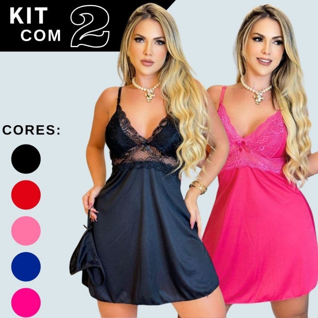Kit Com 2 Camisola Com Renda + Calcinha Fio Dental Baby Doll Sensual Pijama Feminino Promoção