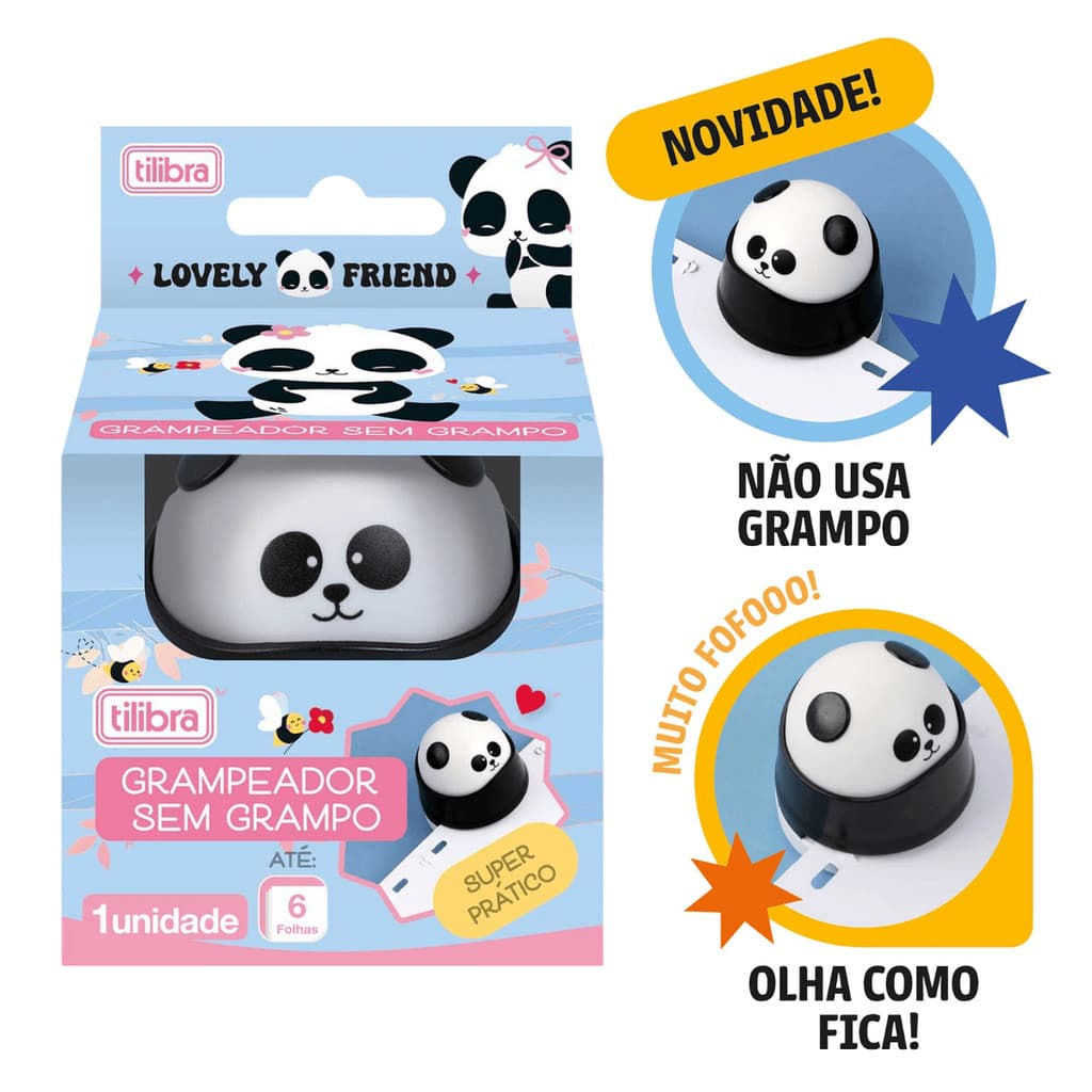 Grampeador Sem Grampo Panda - Grampeia até 6 Folhas - Tilibra