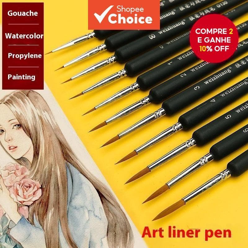 Conjunto de 6 pinceis detalhadores para contornos, adequado para aquarela, pintura a óleo, acrílica e tinta guache.