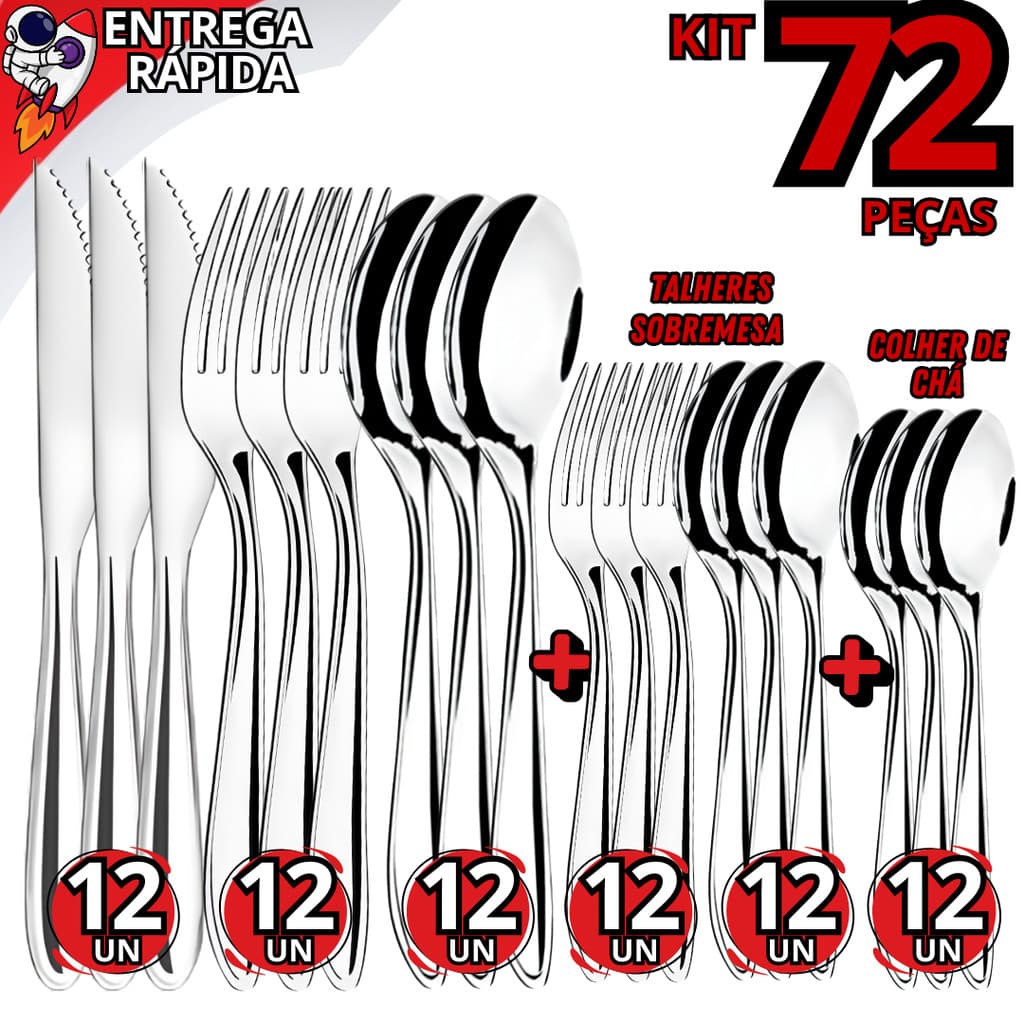 Faqueiro Completo 72 Talheres em Aço Inox Talheres para Refeições e Sobremesas Churrasco