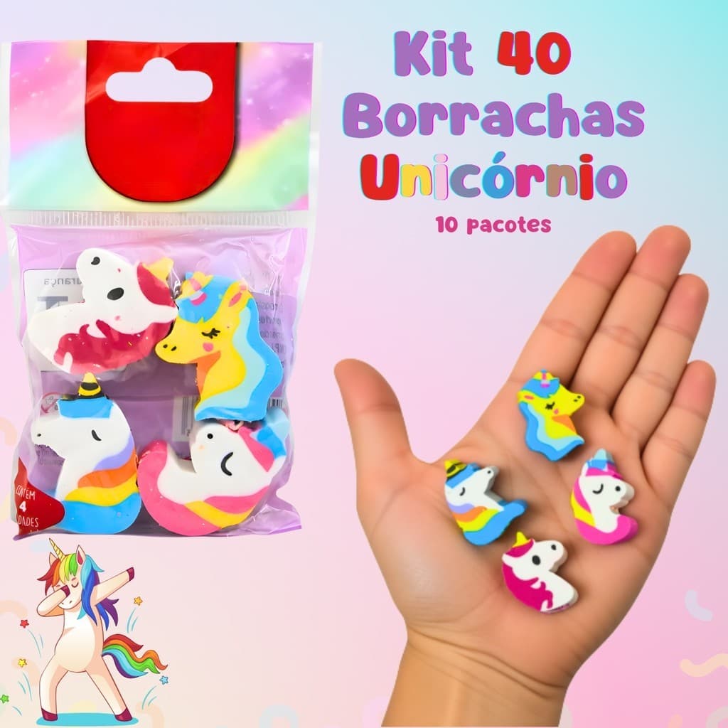 Kit 40 Borrachas Escolar Unicórnio Ponteira de Lápis – Apaga Sem Borrar e Decora Lápis