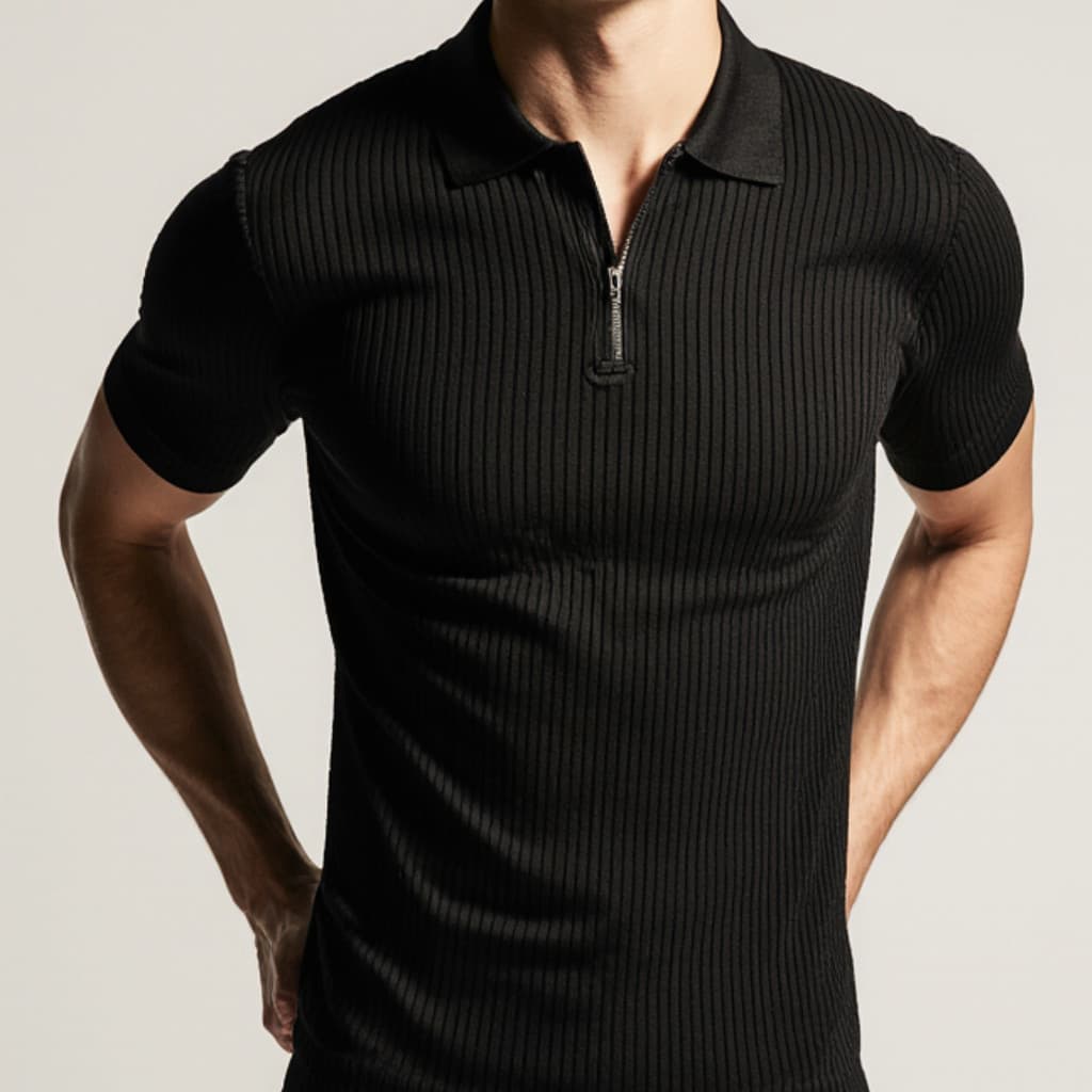 Camiseta Polo Canelada Manga Curta Com Ziper Masculina Malha Camisa Premium