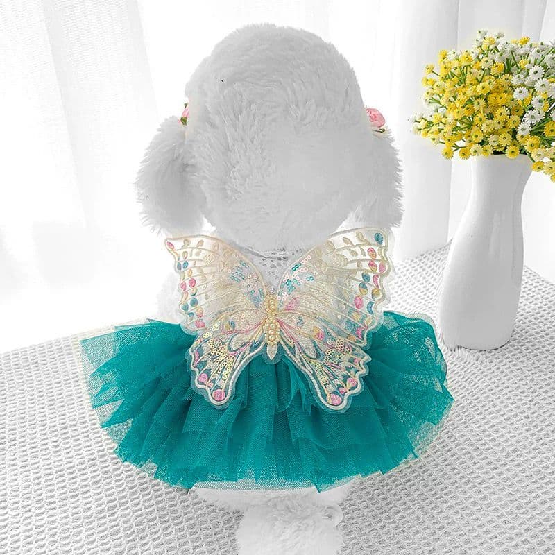 Vestido de Noiva para Pets com Asas de Borboleta – Saia de Renda Fofa e Armadinha | Pérolas Decorativas | Estilo Fofo
