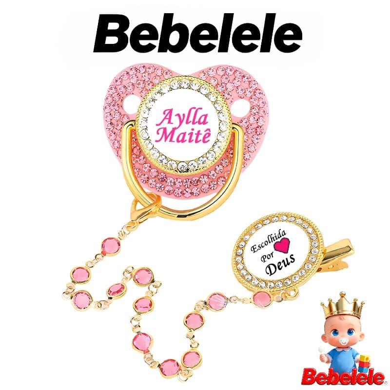 Chupeta de bebê rosa com diamante, inclui clipe de fixação, nome e foto personalizados