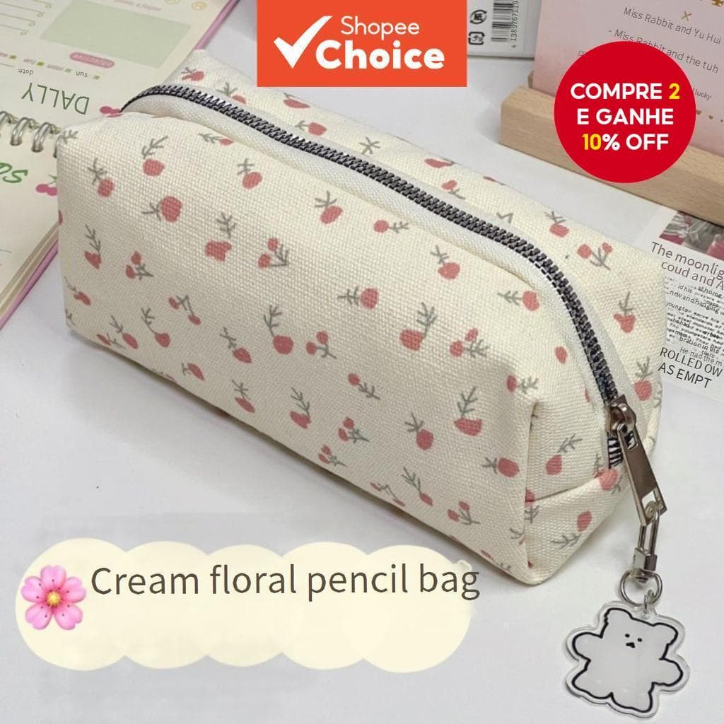 Creme Floral Flor Caneta Saco Grande Capacidade Caso De Lápis De Maquiagem Estudante Armazenamento Papelaria