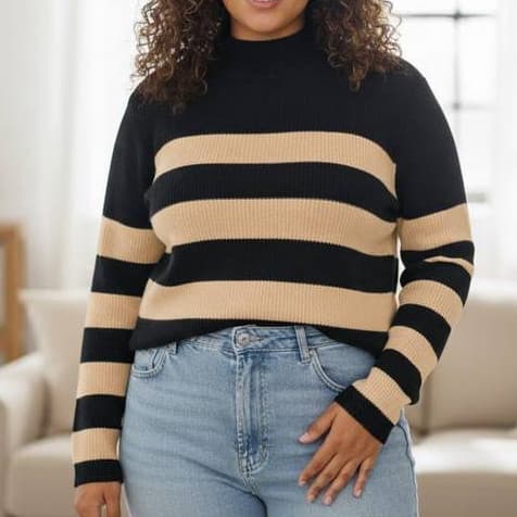 BLUSA BÁSICA LISTRADA CACHARREL TRICOT MALHA FRIO PLUS SIZE E UNICO