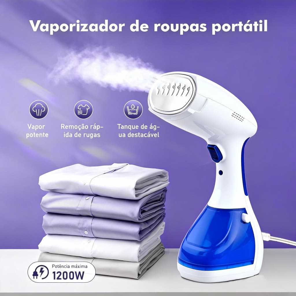 Passadeira a Vapor Portátil Vaporizador Vertical de Mão 1200W Cabo 1,5m Tanque 200ml