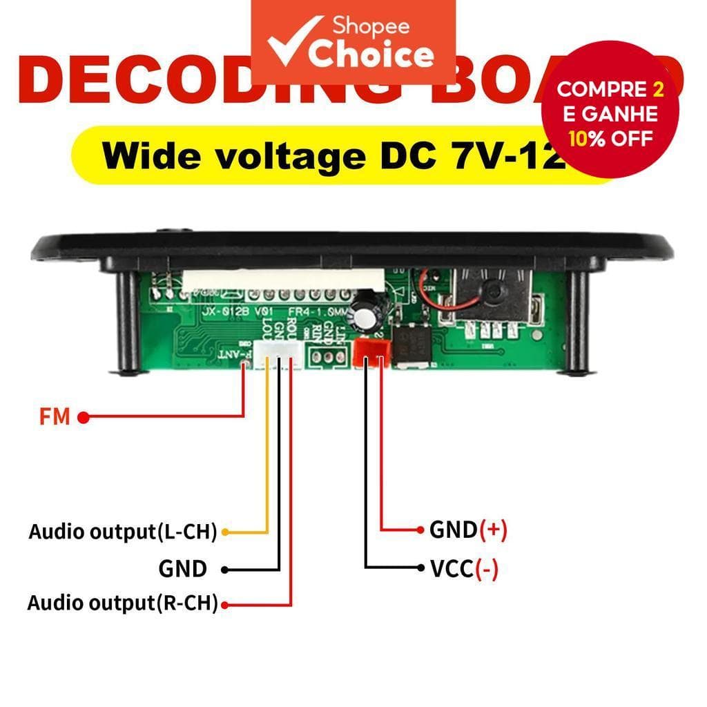 Novo Módulo de Player de Música MP3 WMA Sem Fio Bluetooth 5.0 DC 12V - Lossless USB AUX TF Rádio FM