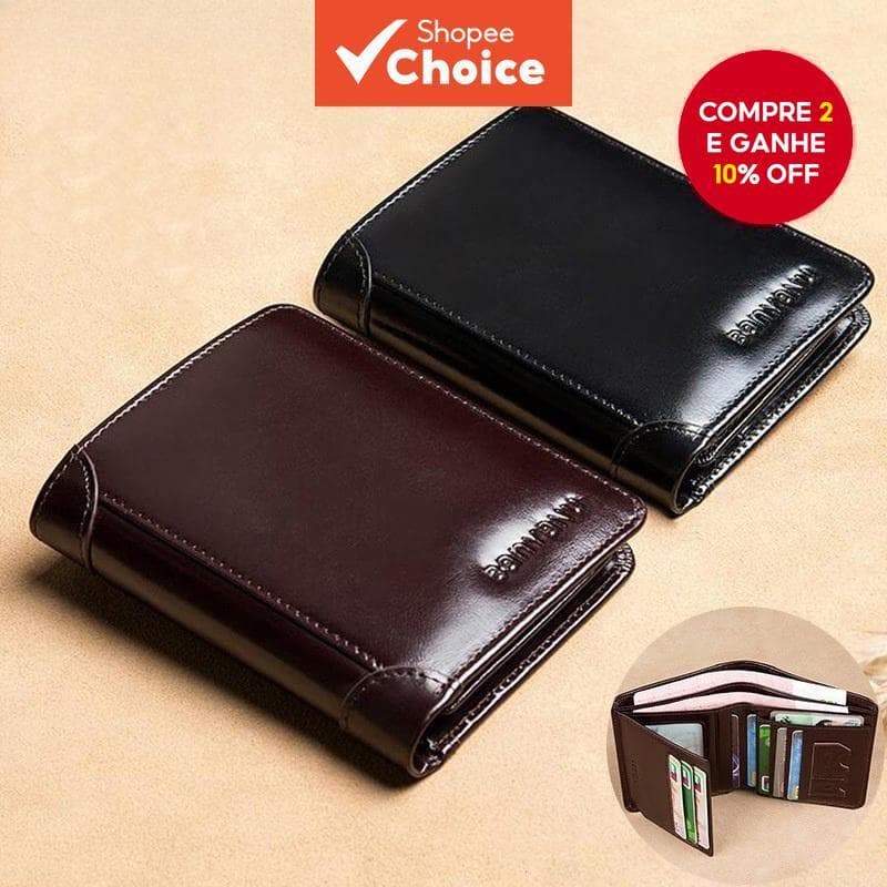 Carteira Masculina De Couro Genuíno Com Bloqueio Rfid, Carteira Trifold Vertical Curta, antirroubo