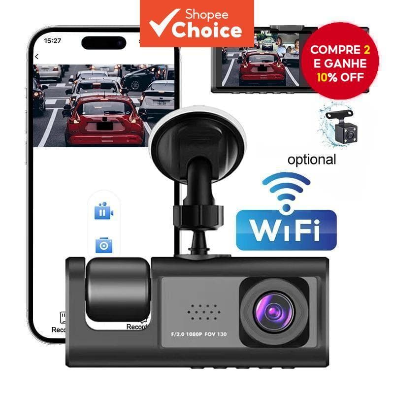 Câmera de carro com gravação frontal e traseira, 3 câmeras 1080P HD, DVR para direção, visão noturna.
