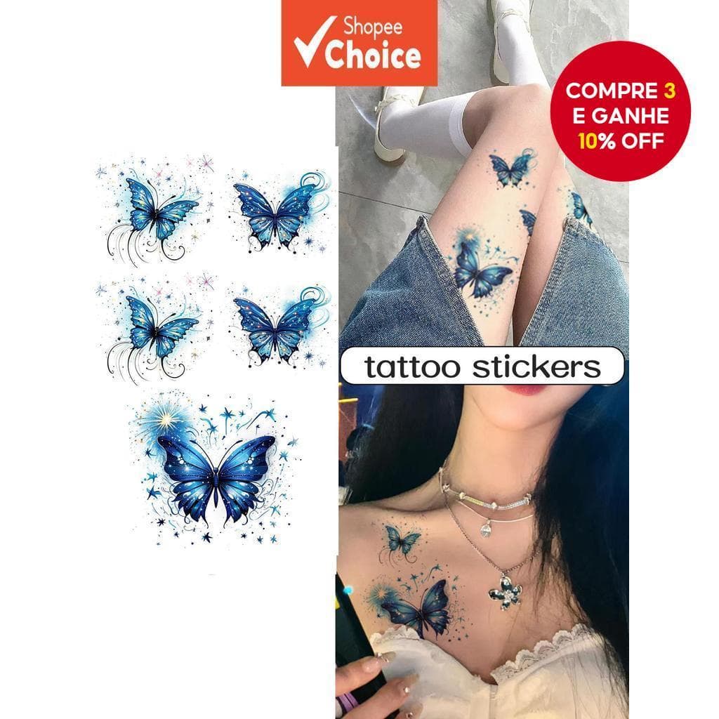 Tatuagem Temporária De Borboleta Gradiente Azul , Design Durável Não Reflexivo Para Peito E Perna