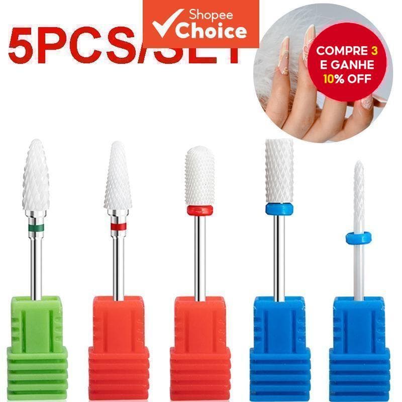 Kit com 5 Pontas de Broca de Cerâmica para Unhas, ideal para remover cutículas e trabalhar com gel e acrílico.