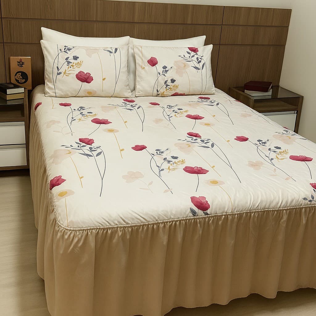 Kit Colcha Lençol com Babado Queen 3 Peças Micropercal Toque de Algodão - Kit Completo com Fronhas