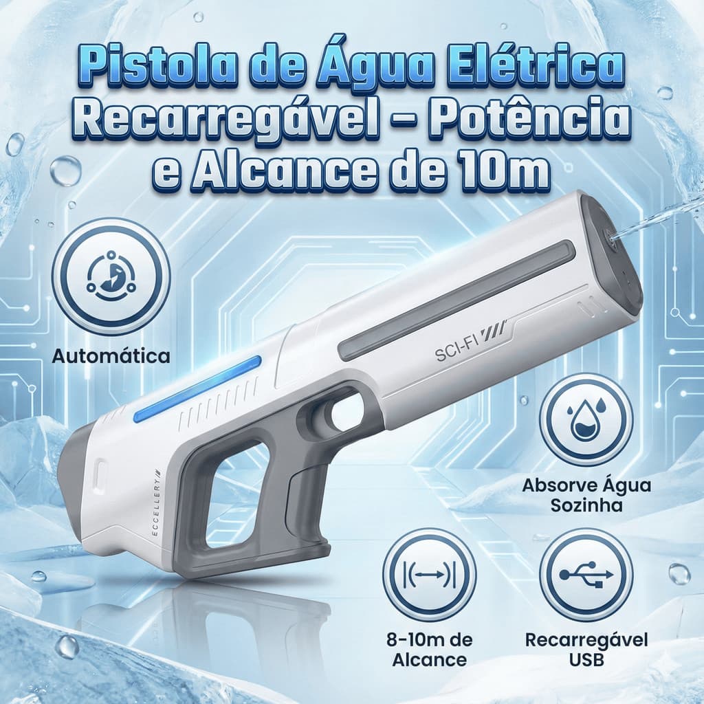 Pistola de Água Elétrica Recarregável – 1/2/3 Baterias – Alcance 8 a 10m
