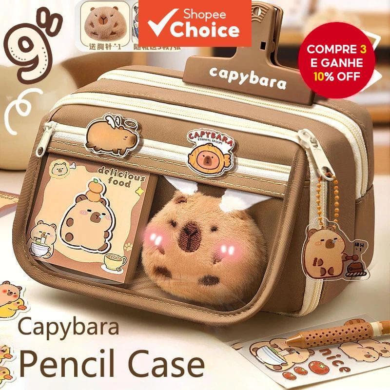 Estojo de Lápis Transparente Capivara Kuromi Grande Capacidade com Zíper Impermeável Caixa de Armazenamento de Material