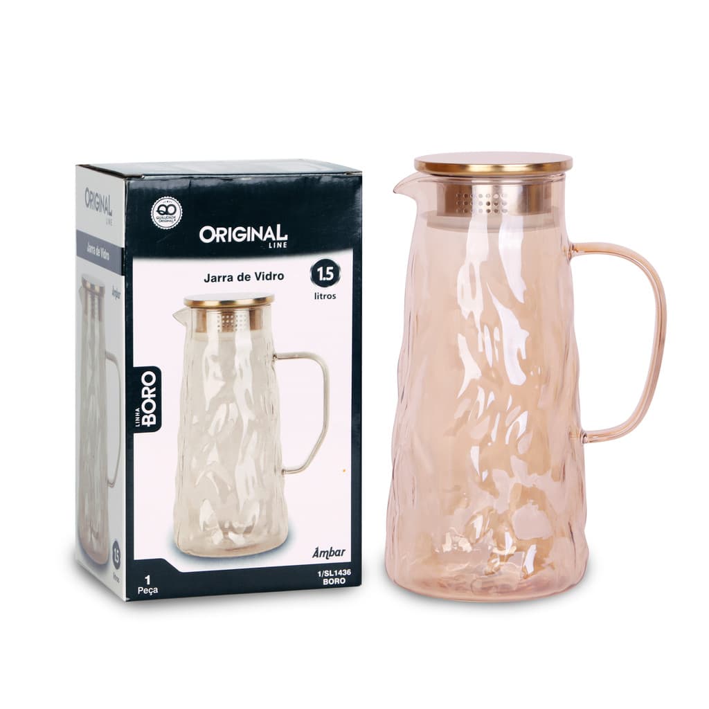 Jarra de Vidro Ambar 1,5L Tampa Inox e Vedação Borossilicato