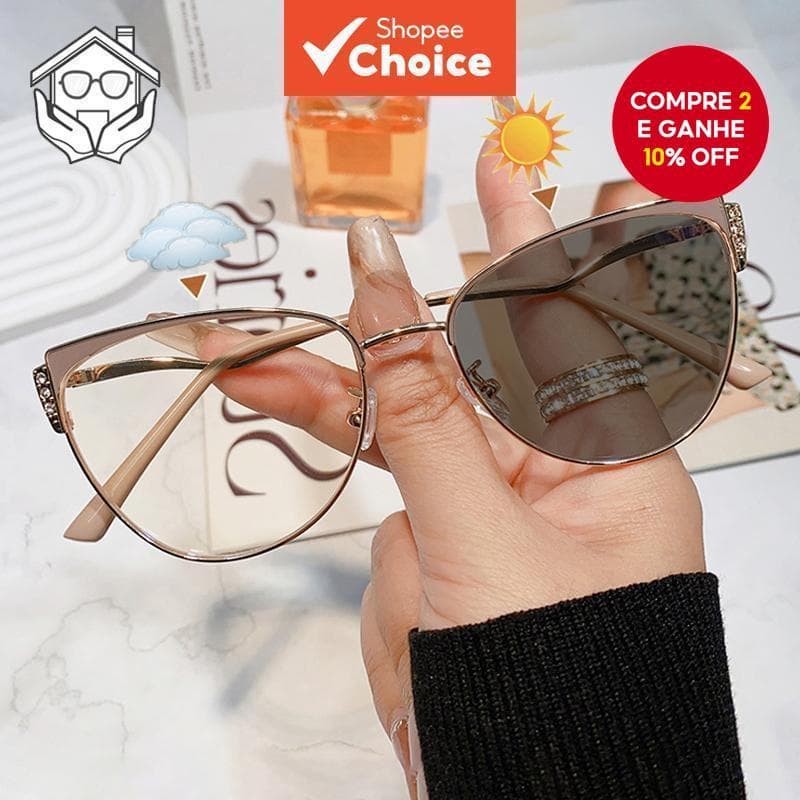 Óculos Fotocromáticos Olho De Gato Unissex Armação De Metal Anti Radiação Retrô