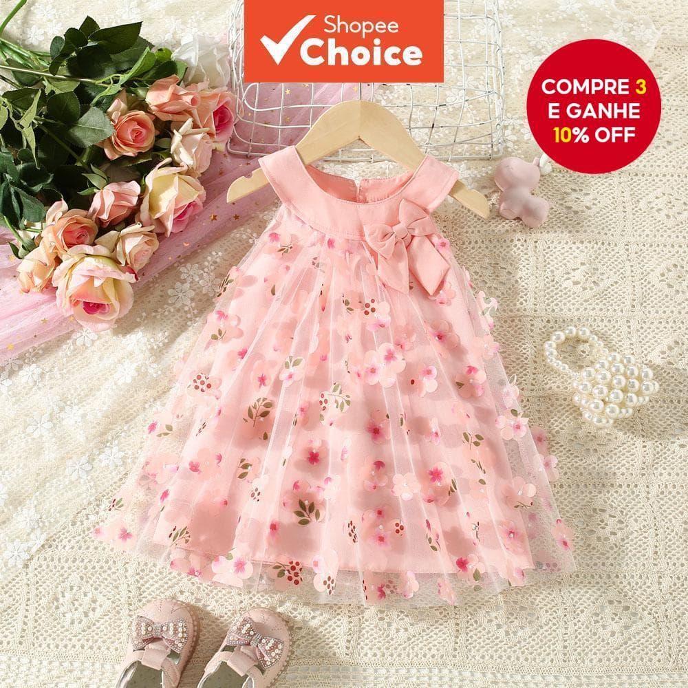 Adorável Vestido Infantil Feminino Sem Mangas Rosa Com Estampa Floral , Perfeito Para Festas E Uso Diário