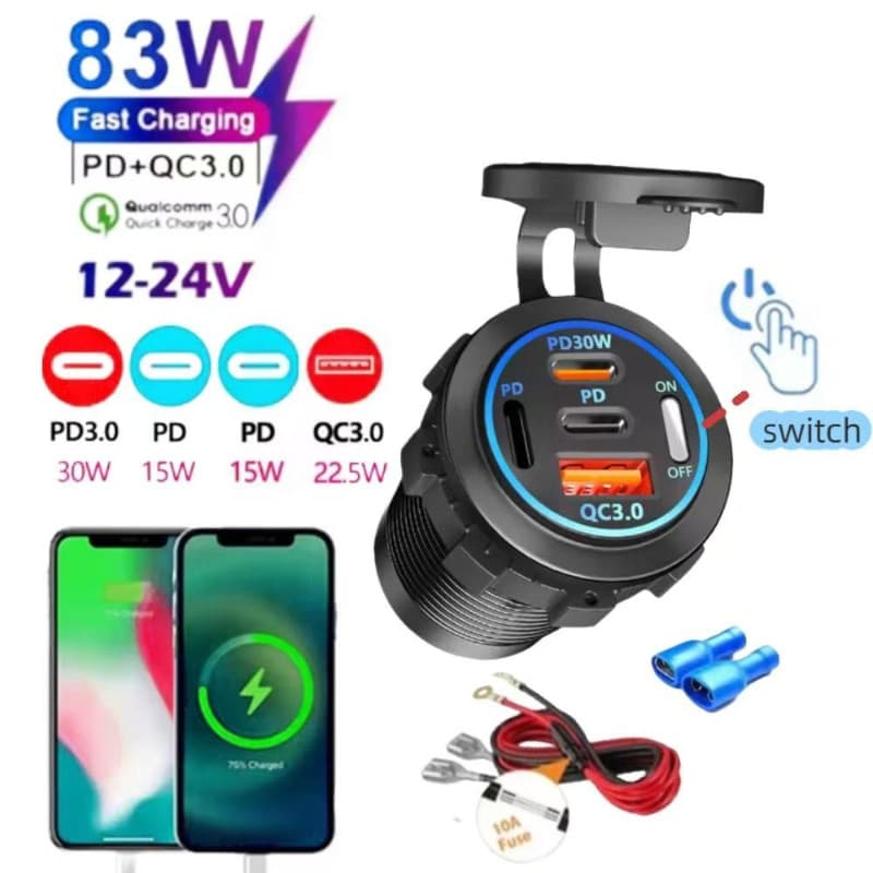 2/3/4 Portas PD QC 3.0 USB Carregador De Carro Com Voltímetro Tomada Adaptador De Energia À Prova Dwaterproof Água Para 