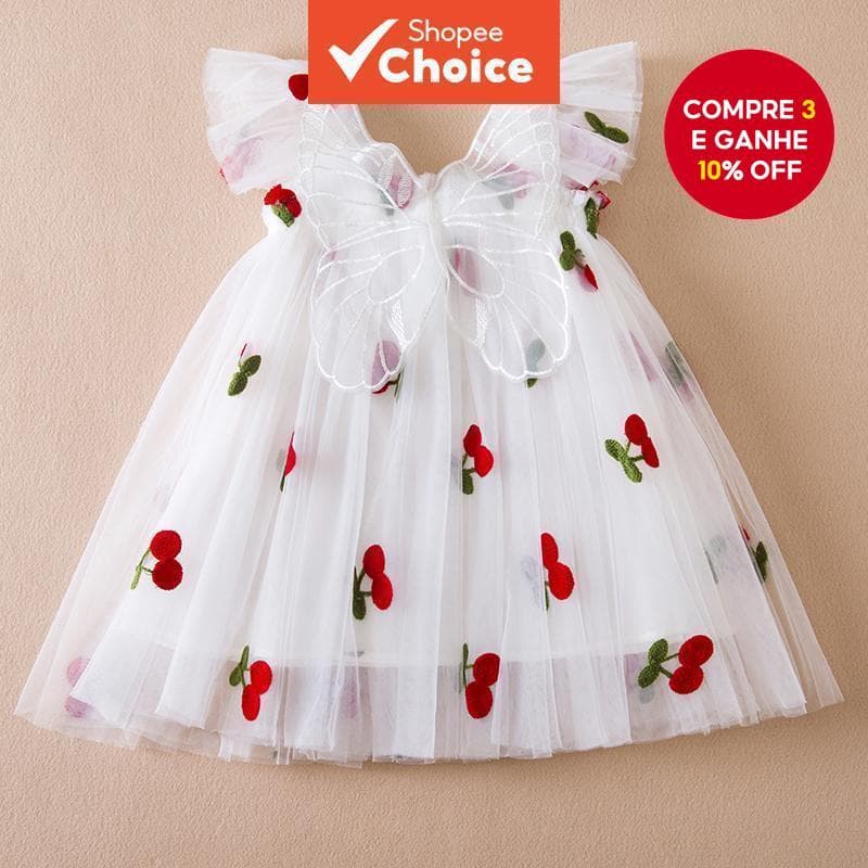 Lindo Vestido Borboleta Bebê Com Asas | De Verão Cereja Bordado Para Meninas