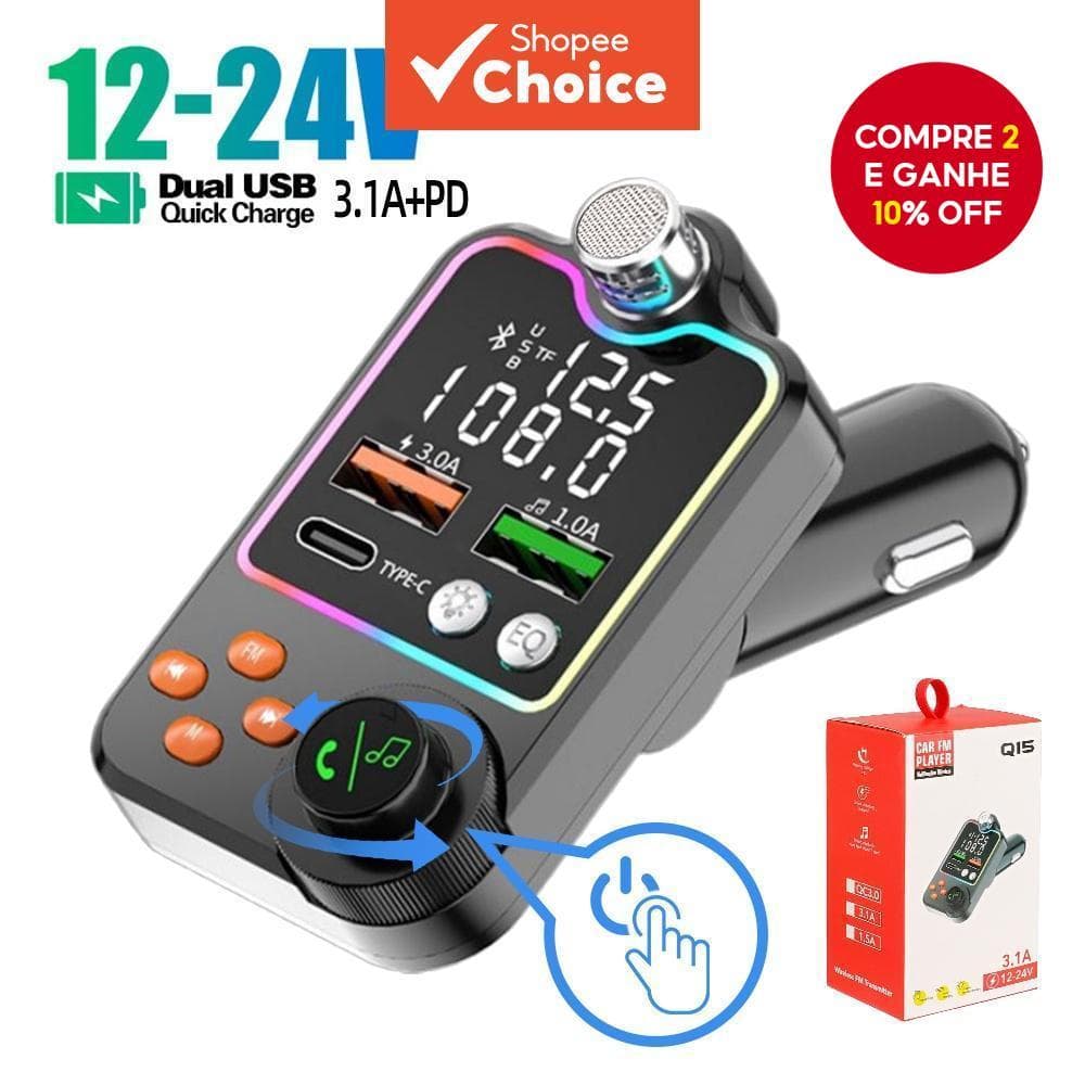 Transmissor FM Para Carro Bluetooth 5.0 , Carregador USB 3.1A Duplo + Tipo C , Reprodutor De MP3 Viva-Voz Com Cartão TF