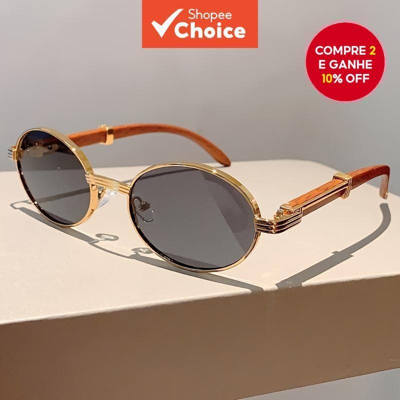 Óculos Femininos De Armação Completa Oval Retrô De Metal Imitação De Templos De Madeira Pretos Presente