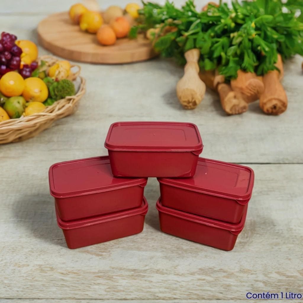 Kit com 5 Potes Plásticos Retangulares – 1 Litro Cada