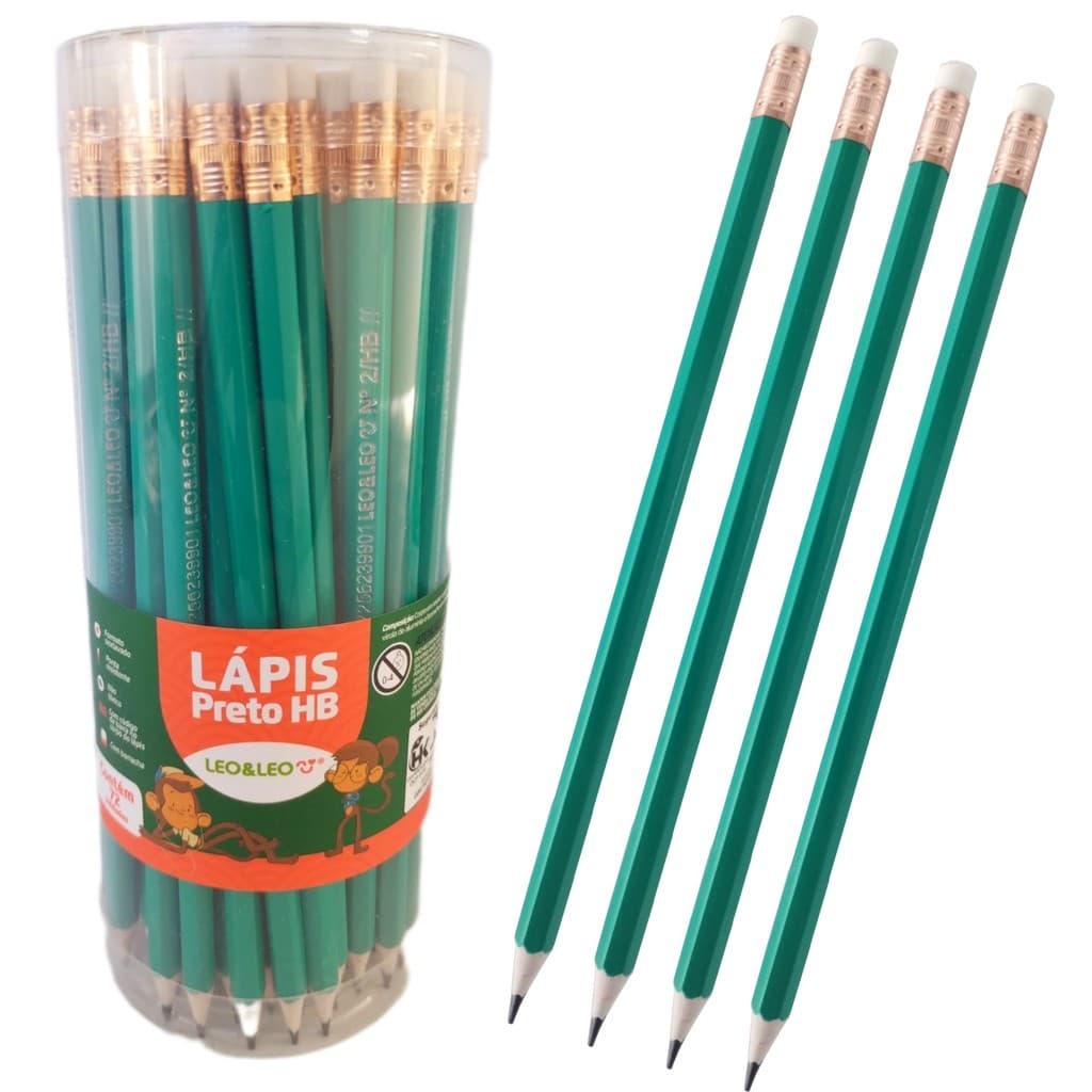 Kit 72 Lápis de Escrever Preto HB Verde Sextavado com Borracha LeoeLeo