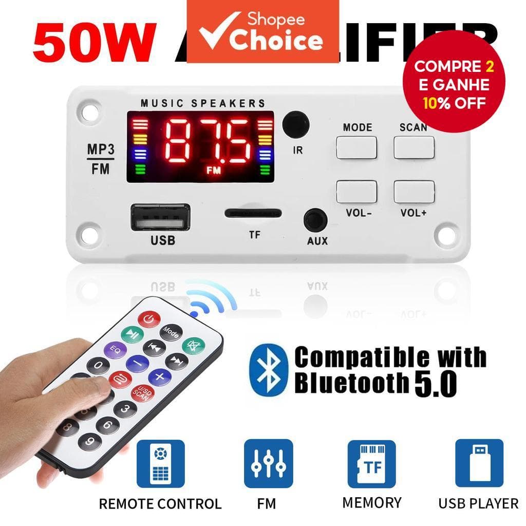 Amplificador DC 12V 50W Bluetooth 5.0 MP3 Leitor Para Carro com USB e Gravação de Chamadas