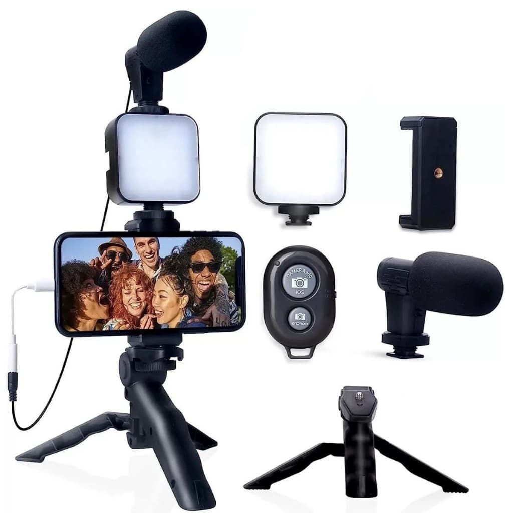 Kit Youtuber Tripé Vlog com Suporte para Celular, Luz LED e Microfone para Gravação de Vídeos