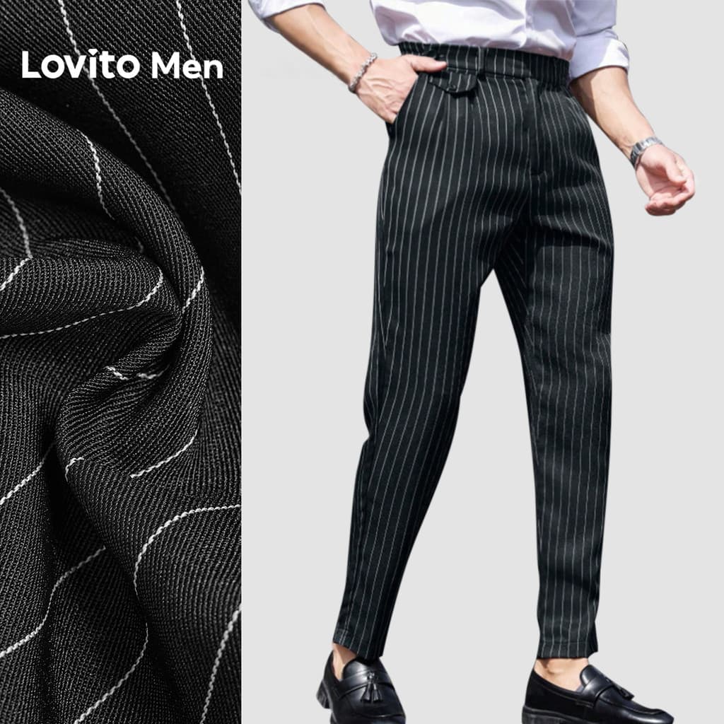 Lovito Calça de Terno Casual com Pregas Geométricas Preta para Homens primavera/verão L169ED030