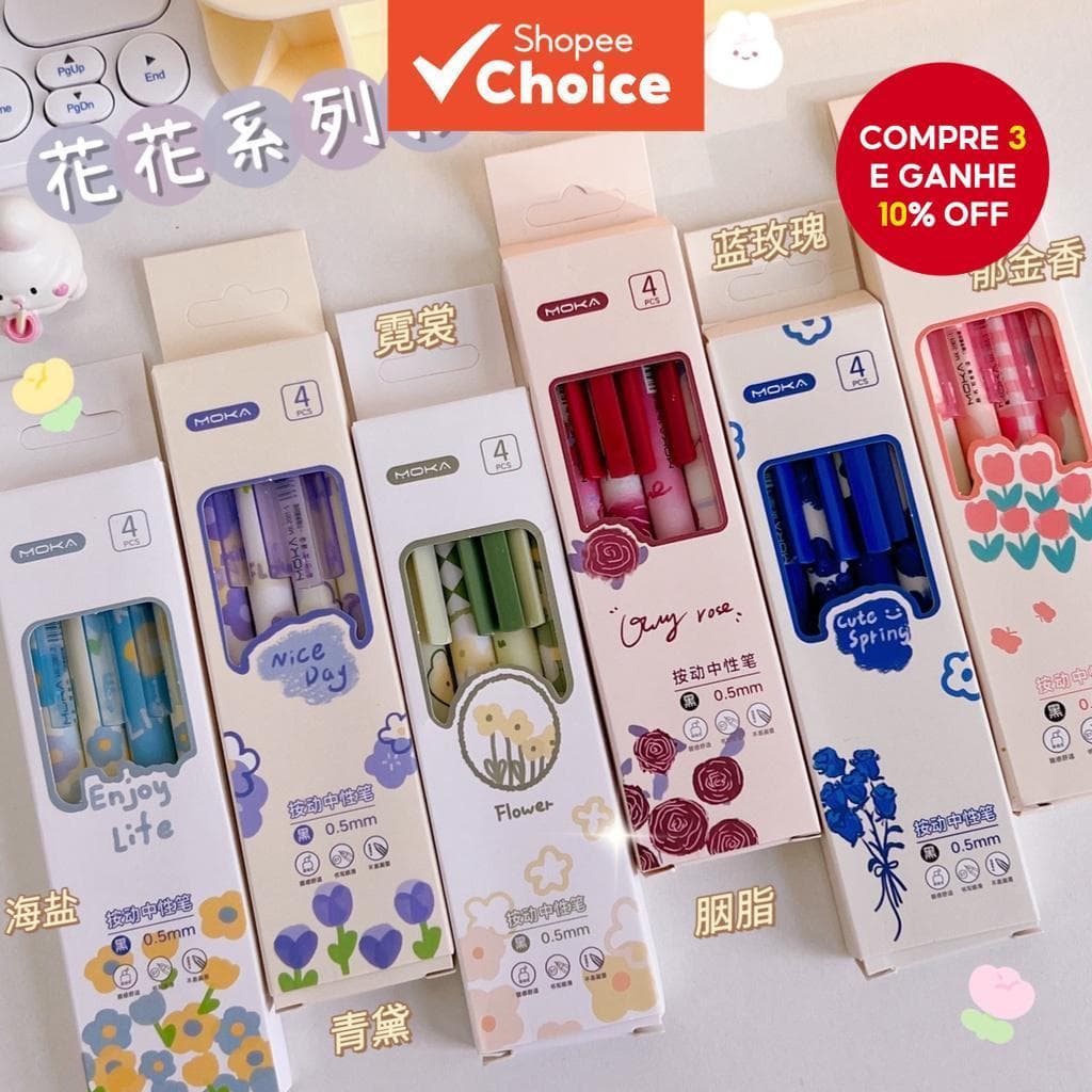 4 pcs Lindas flores Caneta esferográfica Papelaria Material para estudantes presente Presentes de Natal 0.5mm preto