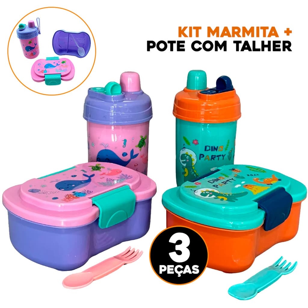 Kit Marmita Infantil + Pote com Talher e Garrafinha 3 Peças Escolar