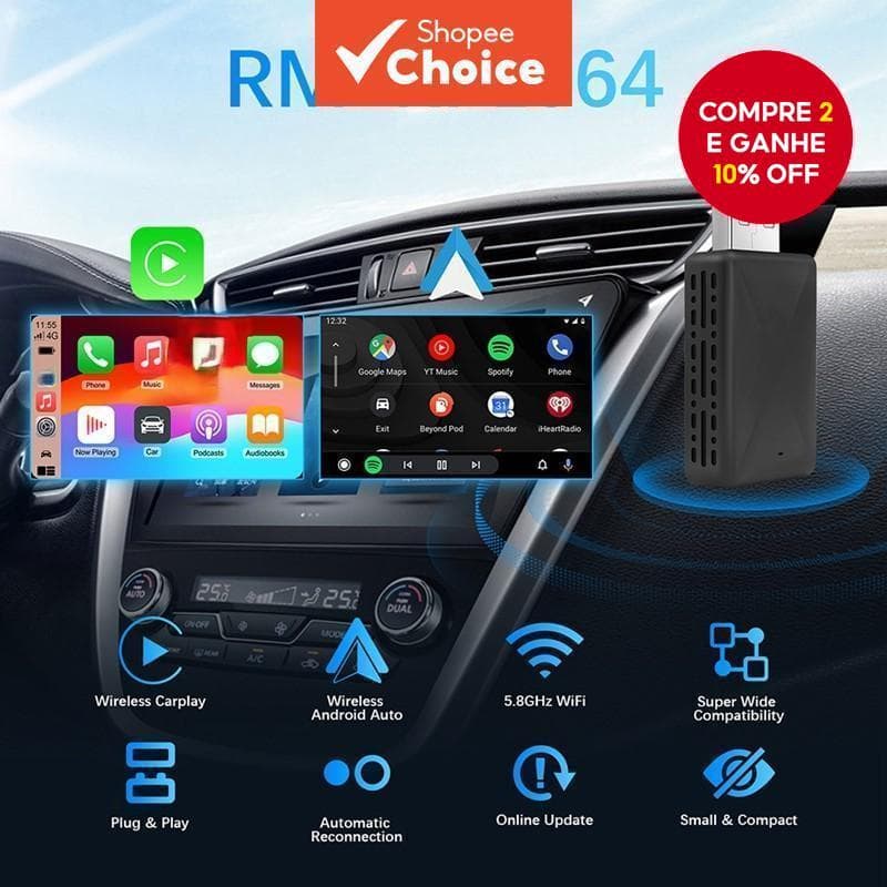  Wireless CarPlay & Android Auto 2 em 1 sem fio para receptor adaptador dongle CarPlay para carro, adaptador receptor