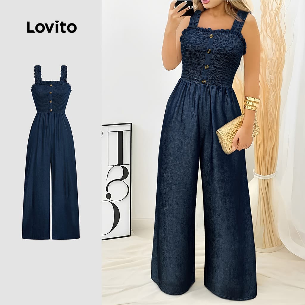 Lovito Macacão Casual Smocked Primavera/verão Azul para Mulheres LBL31009