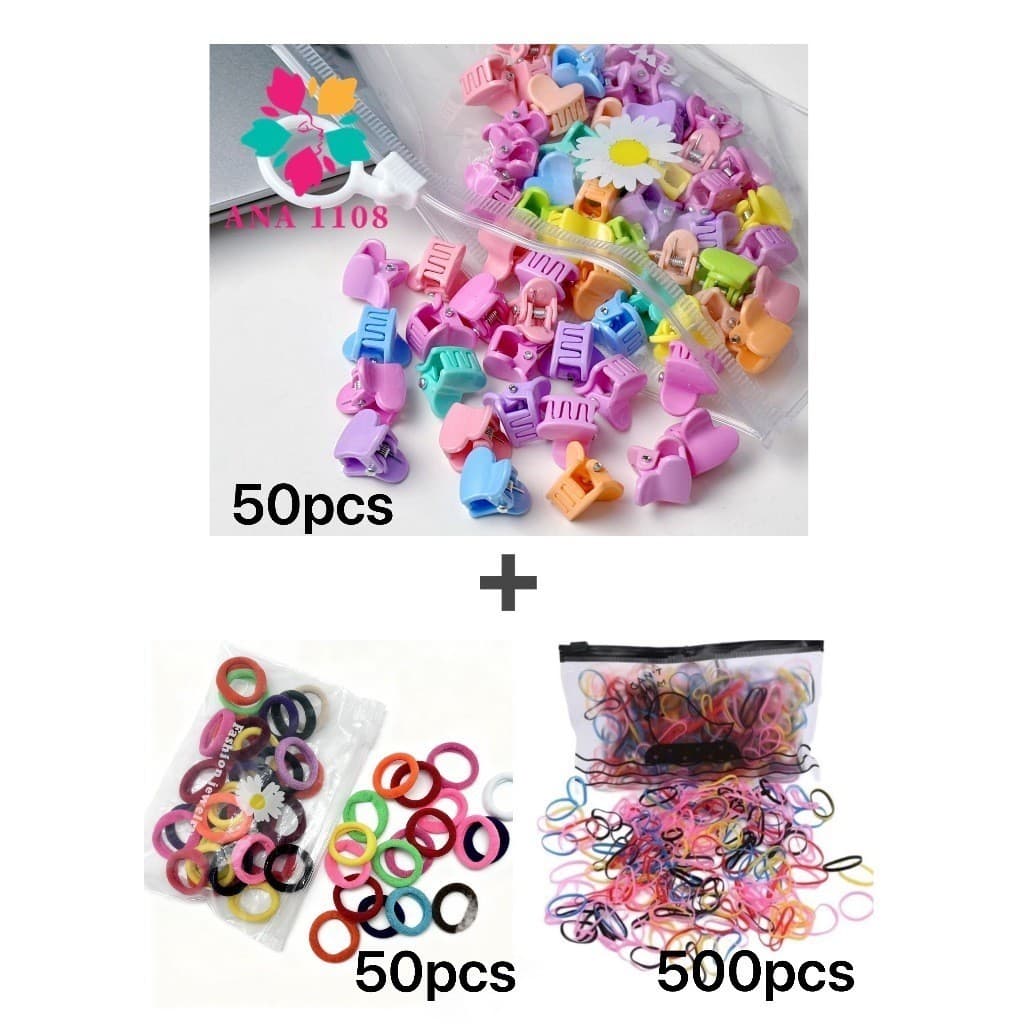 ANA1108 Kit 500 Elastico de cabelo+50 peças Mini Rabicó Xuxinha+50 unidades Mini presilha de cabelo infantil Com Bolsa