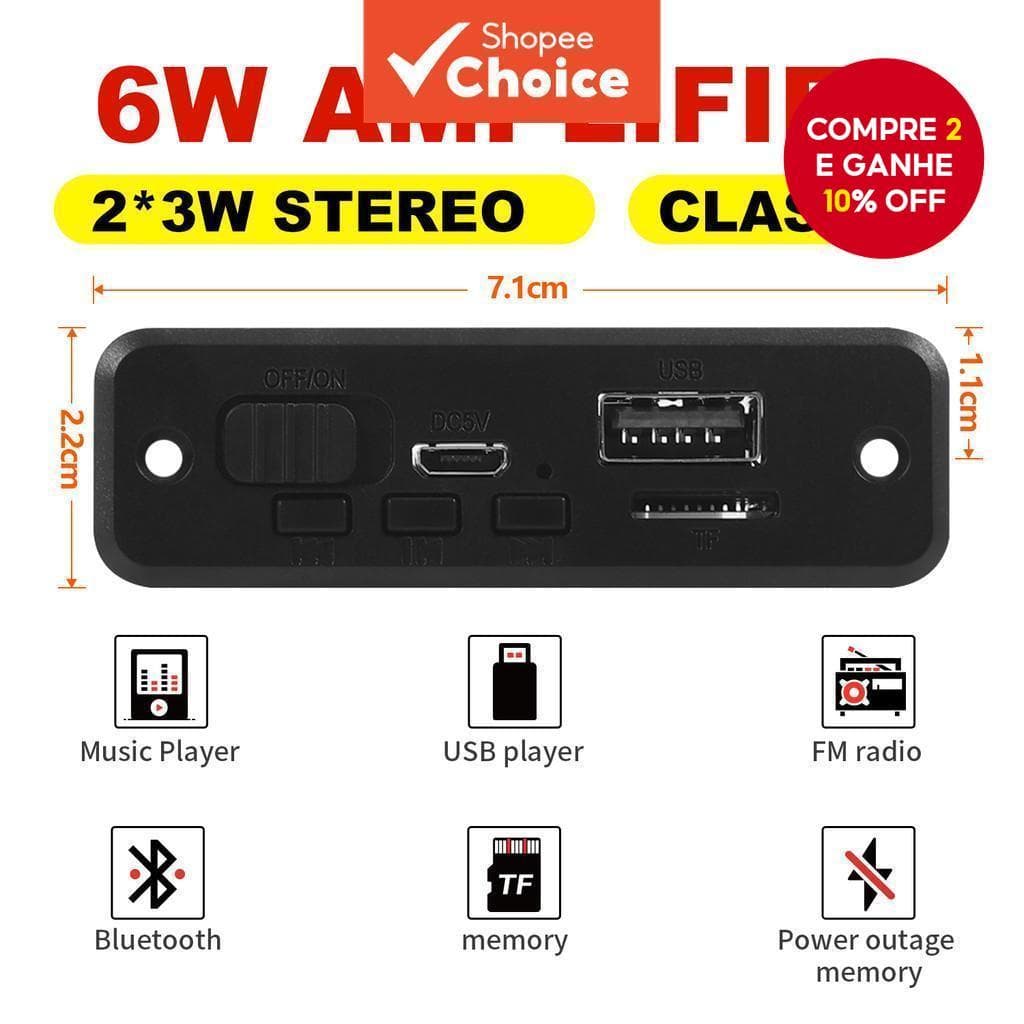 Placa Decodificadora MP3 5V 6W Bluetooth 5.0 FM Carro TF Gravador USB