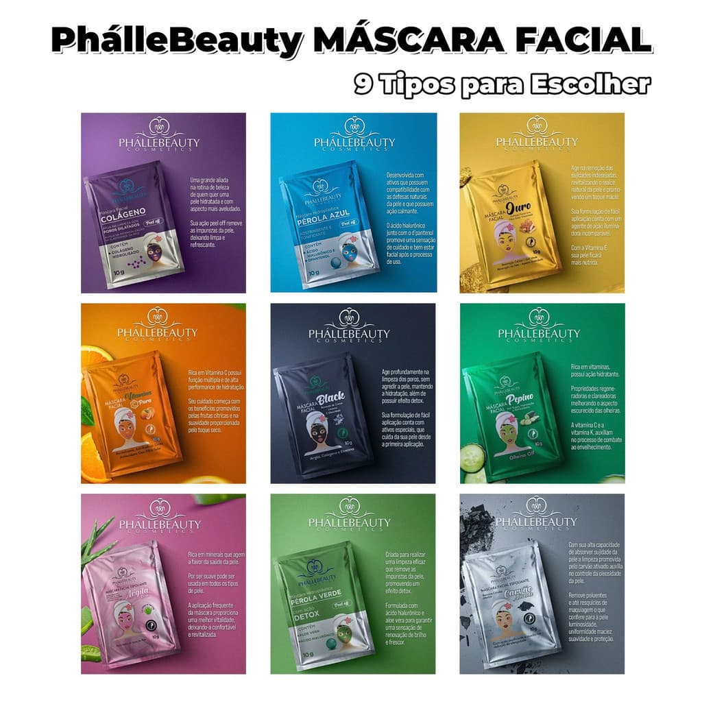 10/20/30/40/50 Unidades Sachês Máscara Facial Phallebeauty | 9 Variedades