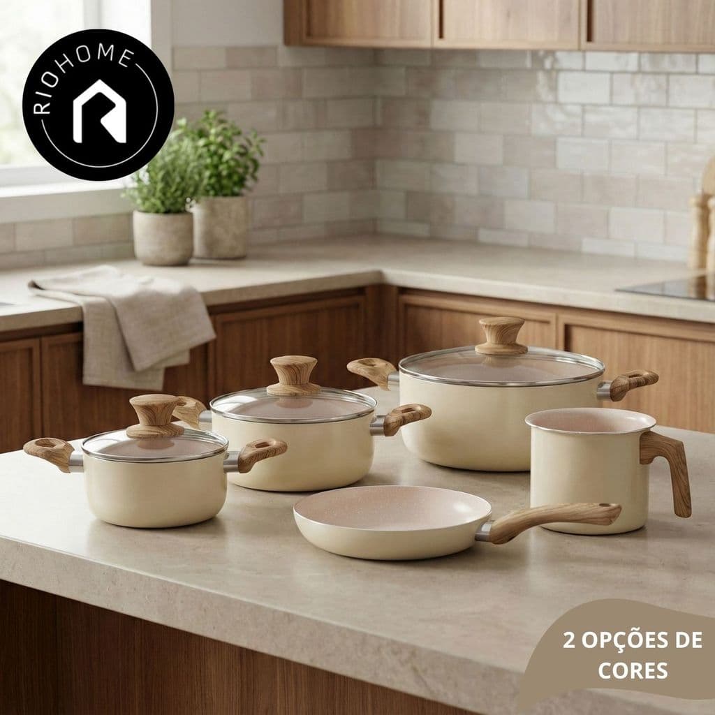 Jogo de Panelas antiaderente revestimento ceramica Indução 5 peças Verona