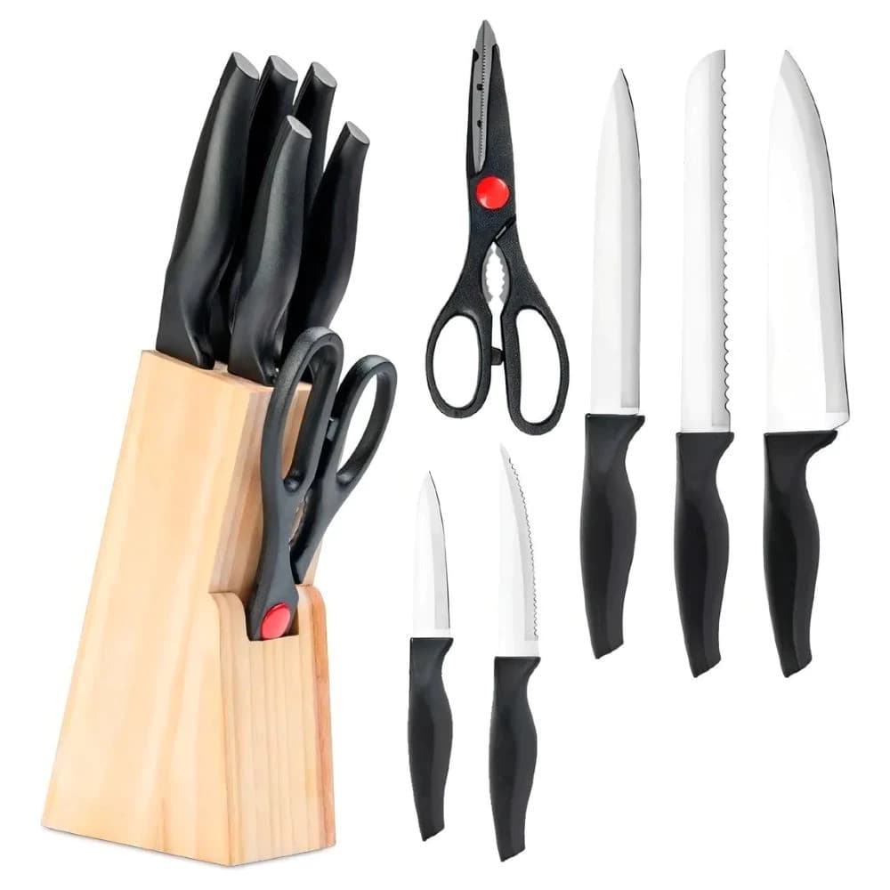 JOGO DE FACAS E TESOURA COM SUPORTE CEPO DE MADEIRA 7 PEÇAS