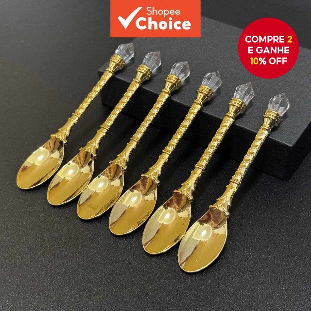 Conjunto de 6 colheres de metal dourado vintage, elegantes, com cristal, perfeito para presentes de café, chá e leite.